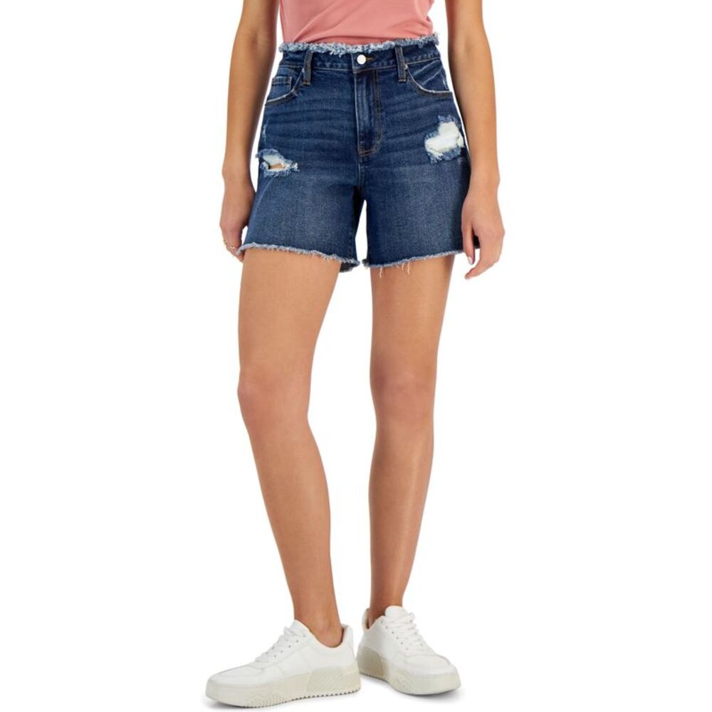 Tinseltown Juniors' High-Rise Distressed Mom Shorts